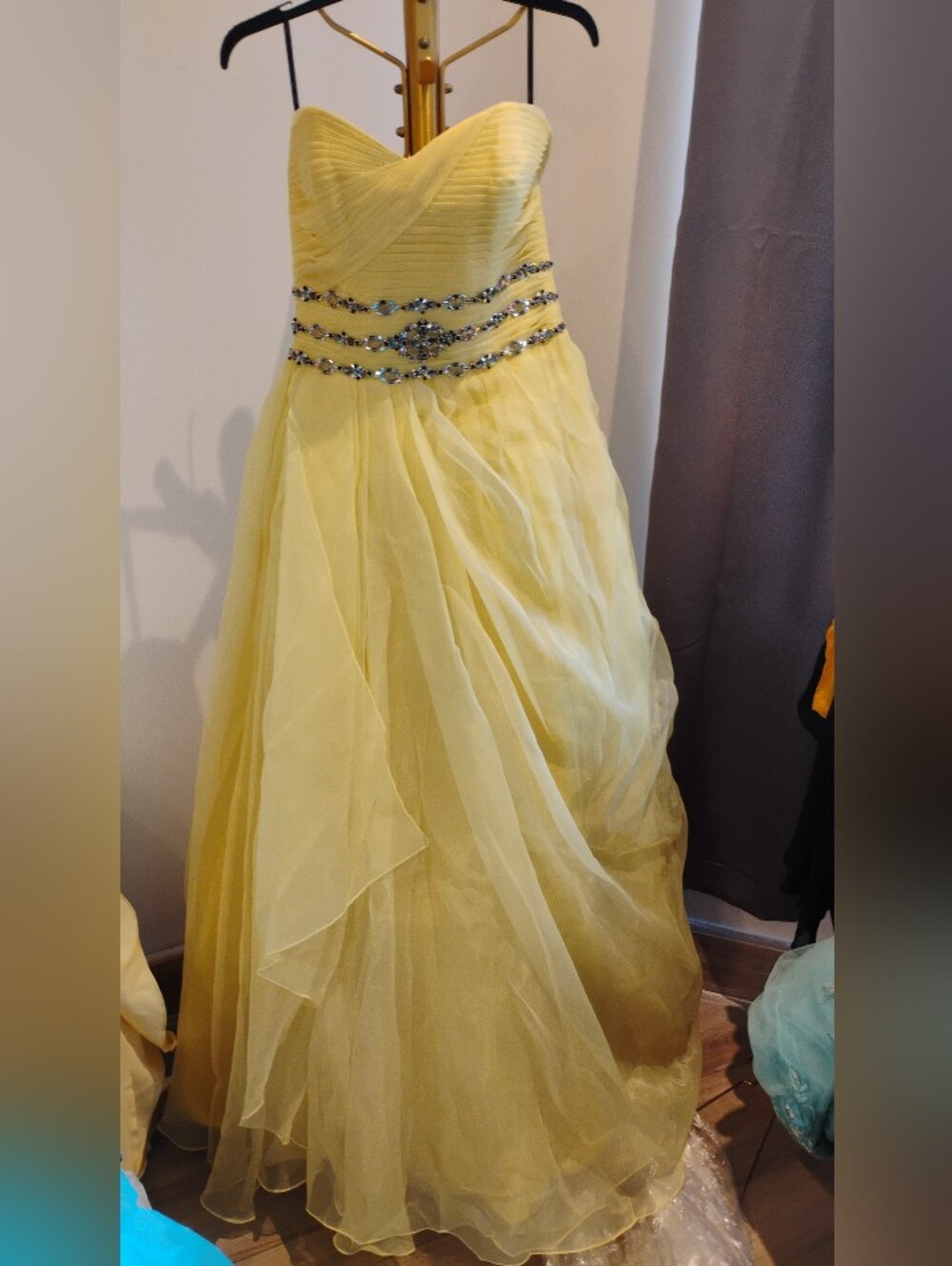 Yellow Strapless Beaded Waist Gown